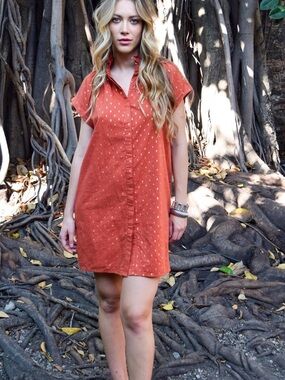 Casual Rust Orange Short Sleeve Mini Shirt Dress